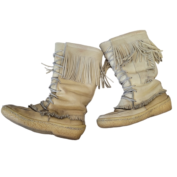 Vintage Cherokee beige gum sole mocassins winter leather boots with fringe Sz 8 - Picture 2 of 14